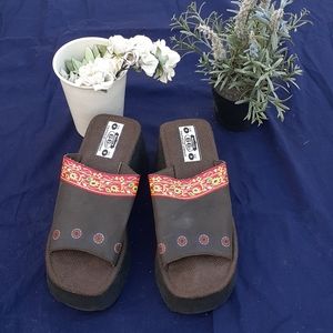 Route 66 Folk Art Brown Chunky Heel Sandals